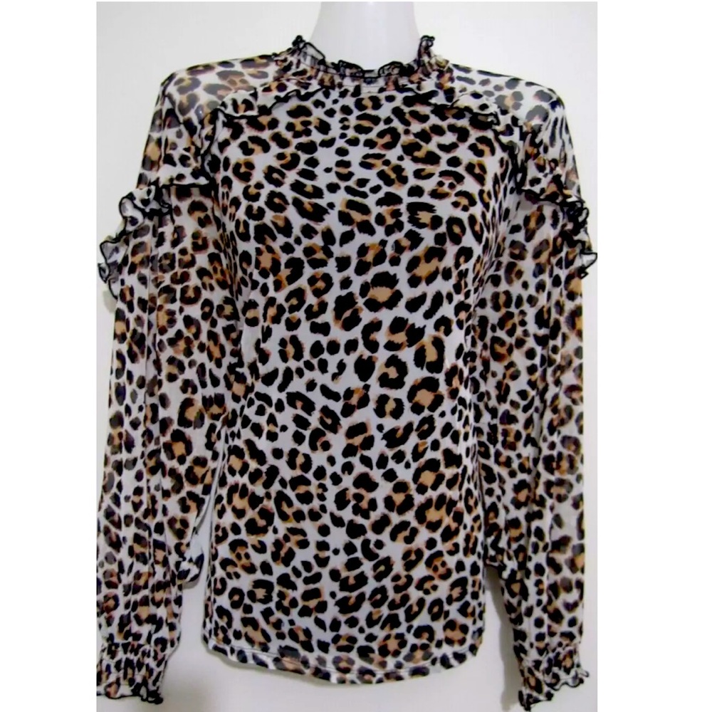 Leopard Cheetah Animal Print Ruffle Mesh Top - image 1